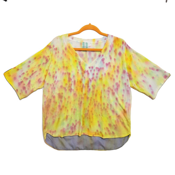 Short sleeve v-neck sweater yellow purple blue large stretchy - Picture 1 of 2